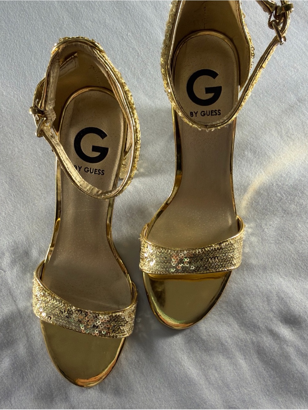 G by Guess Gold Sequin Ankle-Strap Heels
